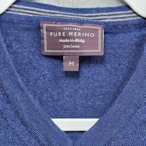 John Lewis Pure Merino Wool Jumper Sweater Mens M Blue Italian Preppy Vneck Work